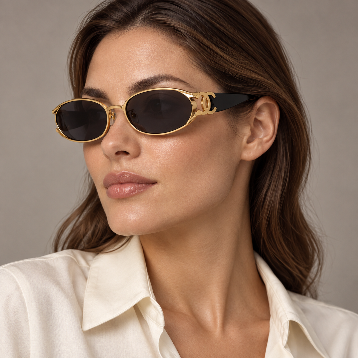 Chanel Logo Sunglasses — editorial portrait